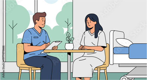 Doctor and patient in hospital room in casual conversation in natural lighting for healthcare advertising