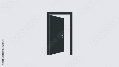 A black door is slightly ajar in a white doorway on a light gray background