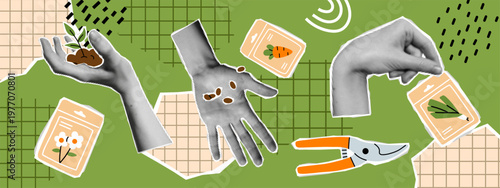 Vector abstract gardening collage with halftone hands holding sprout, pouring seeds, seed packet, pruners. Trendy planting, growth and garden work illustration. Farming and agriculture background.