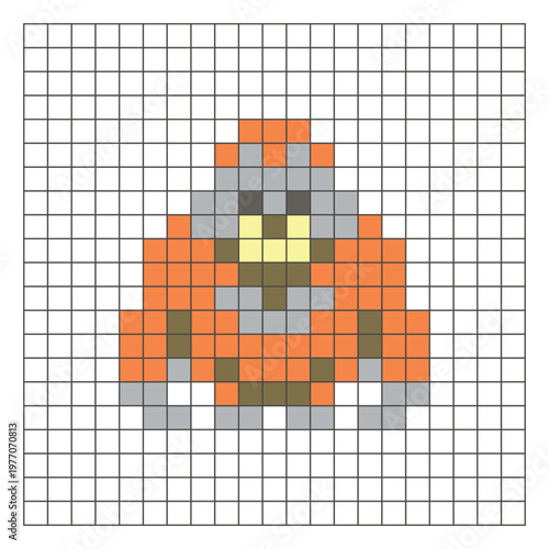 A flat pixel design made of geometric square color blocks on a clean grid layout. Pixel art orangutan