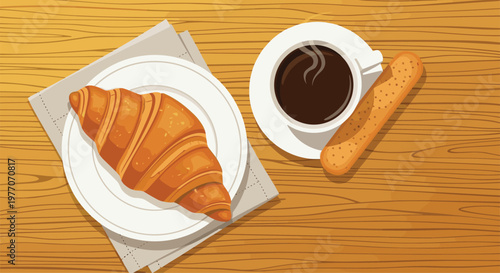 High angle view of a delicious breakfast with a steaming cup of black coffee a buttery croissant on a plate and a long biscuit on wood.
