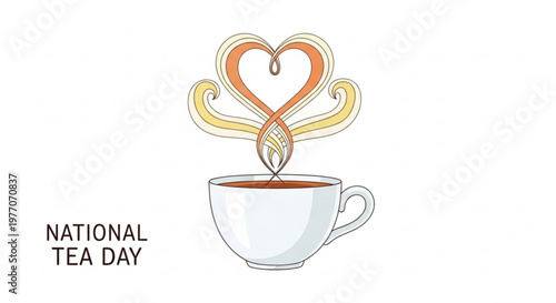 Cup of tea with steam forming a heart shape celebrating National Tea Day with a warm beverage ideal for holiday promotions and cafe branding
