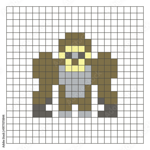 A flat pixel design made of geometric square color blocks on a clean grid layout. Pixel art gorilla