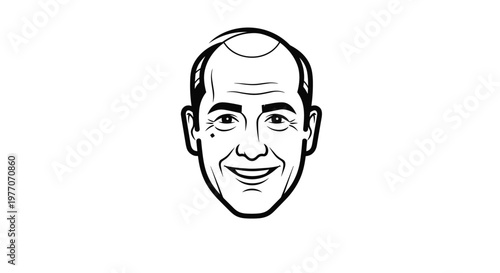 Black and white portrait illustration of a bald man with a friendly smiling expression and a small mole on his cheek.