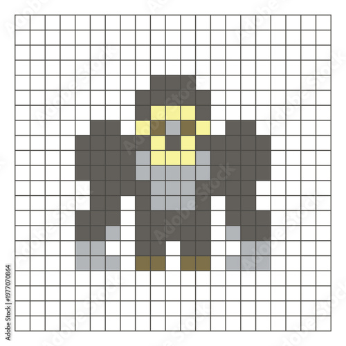 A flat pixel design made of geometric square color blocks on a clean grid layout. Pixel art gorilla