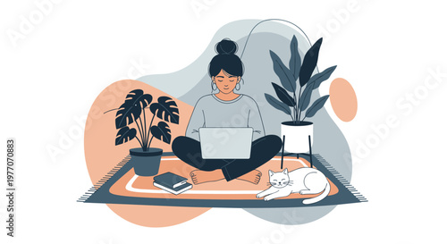 Young woman sitting cross-legged on a rug working on her laptop with a white cat and houseplants in a cozy and comfortable home environment.