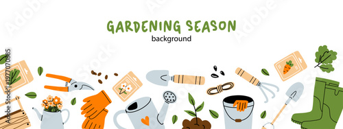 Vector gardening season horizontal background banner with cute tools and plants border. Seed packets, pruner, watering can, shovel, seeds. Trendy poster with copy space with gardening season text.