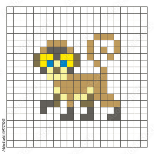 A flat pixel design made of geometric square color blocks on a clean grid layout. Pixel art monkey