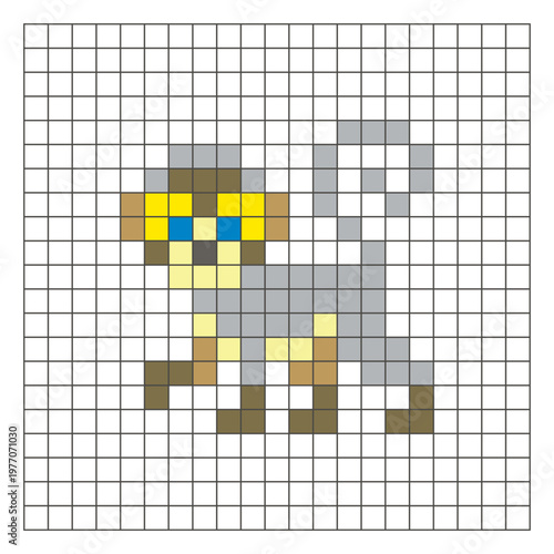 A flat pixel design made of geometric square color blocks on a clean grid layout. Pixel art monkey