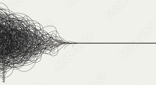 Abstract chaotic lines converging to a single straight line on a light background