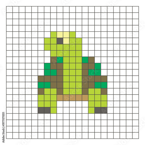 A flat pixel design made of geometric square color blocks on a clean grid layout. Pixel art tortoise
