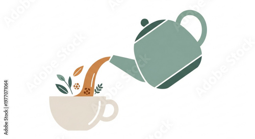 Teapot pouring herbal tea into a cup with leaves a cozy illustration for beverage branding and wellness concepts isolated on white