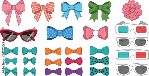 Colorful bow ties, ribbons and novelty glasses vector collection featuring fashion accessories, party eyewear and decorative bows isolated illustration