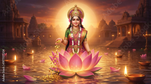 Goddess Lakshmi traditional divine illustration used for spiritual decor, wealth symbolism, and religious artwork in sacred temple setting background wallpaper