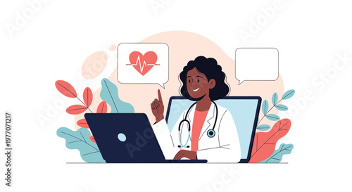 African American female doctor providing an online medical consultation from a laptop screen with heart health icons in a flat illustration style.