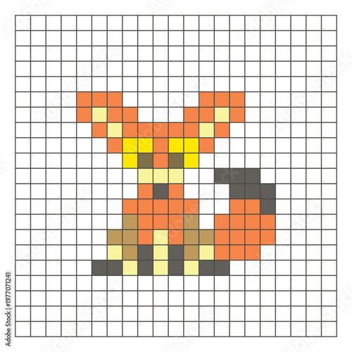 A flat pixel design made of geometric square color blocks on a clean grid layout. Pixel art fennec fox