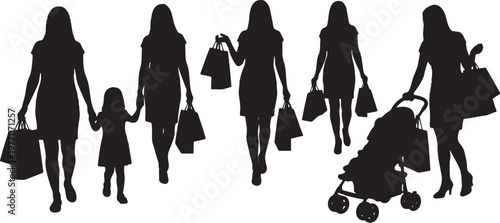 Shopping women silhouettes with bags and strollers, retail consumer group vector set, black female shoppers walking with children, commercial fashion and lifestyle mall customers