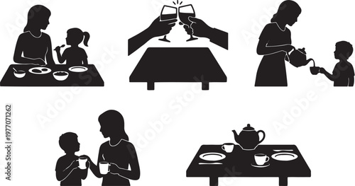 Black silhouette icons of family dining and tea time, collection of 5 vector elements showing people eating and drinking, mother and child mealtime scenes with table settings and wine toast