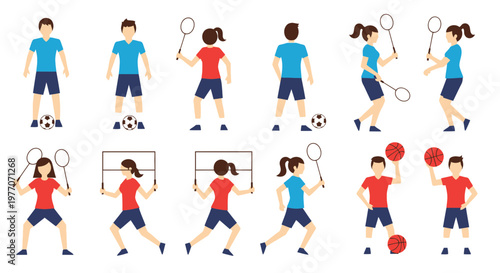 Diverse People Playing Sports: Badminton, Soccer, Volleyball, Basketball - Action Poses