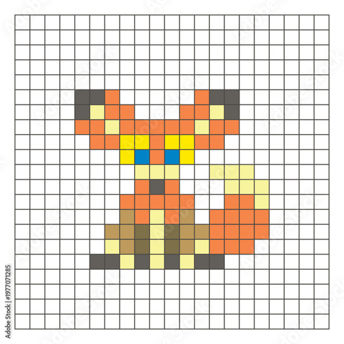 A flat pixel design made of geometric square color blocks on a clean grid layout. Pixel art fennec fox
