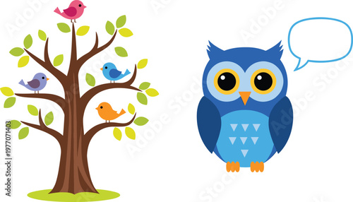 "Charming Owl with Speech Bubble and Colorful Birds on Tree Branch, Fun Vector Illustration for Kids, Nature, and Speech Designs"