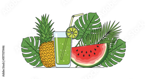 Refreshing tropical green smoothie in a glass with a straw, whole pineapple, watermelon slice, and various exotic green palm and monstera leaves.