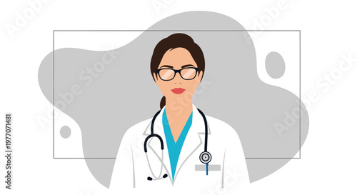 Professional portrait of a female doctor with dark hair wearing glasses, a white lab coat, and a stethoscope around her neck for health care.