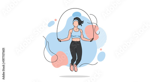 Fit young woman jumping rope for cardio exercise against a modern abstract background with pastel blue and red geometric shapes and lines.