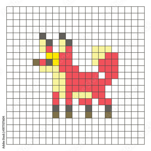 A flat pixel design made of geometric square color blocks on a clean grid layout. Pixel art fox