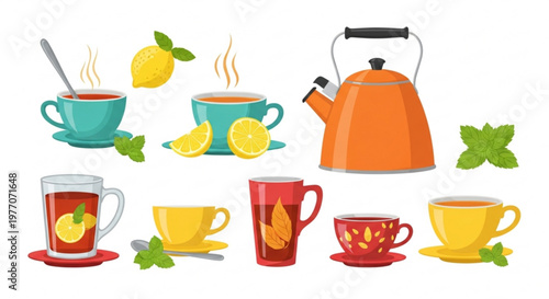 Collection of hot tea cups and kettle with lemon and mint flat vector illustration for beverage and cafe design isolated on white