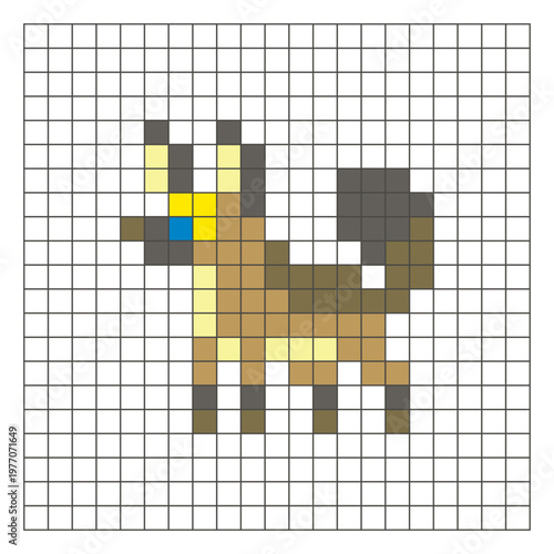 A flat pixel design made of geometric square color blocks on a clean grid layout. Pixel art fox