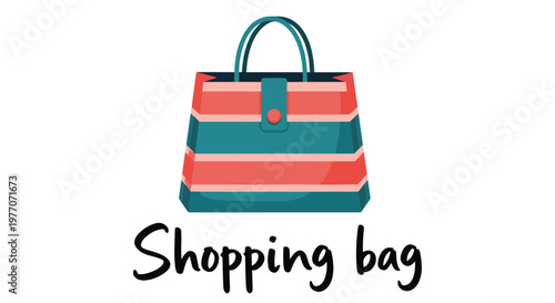 Fashionable striped shopping bag in teal and coral colors with a button closure, simple vector illustration for retail and fashion themes.
