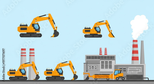 Construction excavators and industrial factory buildings with smokestacks.