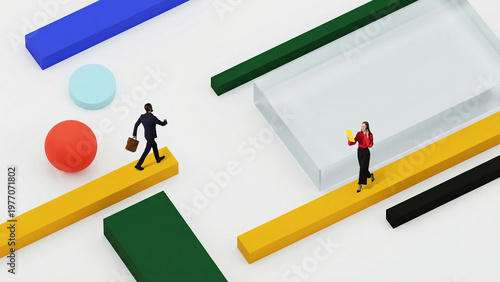 фотографія Business people walking on separate geometric paths symbolizing different directions and choices