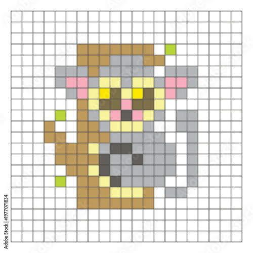 A flat pixel design made of geometric square color blocks on a clean grid layout. Pixel art tarsier