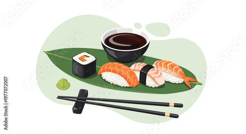 Delicious Japanese sushi set with maki rolls, salmon nigiri, soy sauce bowl, and chopsticks arranged on a green leaf for food presentation.