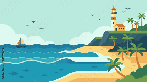Tropical beach scene with lighthouse, ocean, and sailboat illustration