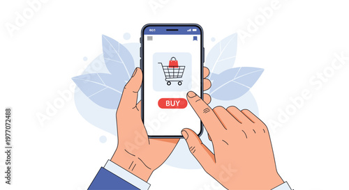 Close up of hands holding a smartphone with a shopping cart on the screen and a buy button for online mobile commerce and shopping.