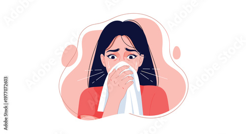 Illustration of a woman feeling unwell, sneezing into a white tissue or crying against a soft pink abstract decorative background.