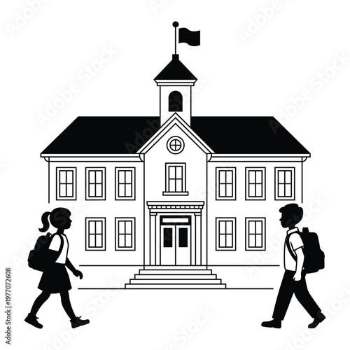 Black and white of two people walking past a church