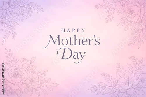 Happy mothers day greeting card with elegant floral line art on pink background