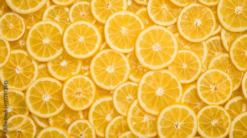 Top view of fresh lemon slices background, juicy citrus fruit texture, yellow lemon circles