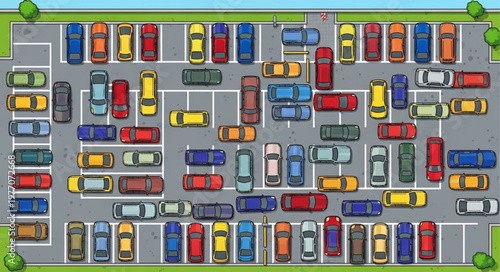 Aerial view of a busy parking lot filled with colorful cars.