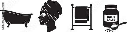 Spa and self care icon set, black silhouette bathroom elements including bathtub and face mask, wellness treatment vector illustrations, bath salts and towel rack symbols for beauty salon