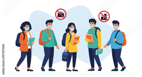 Group of diverse students wearing protective face masks while carrying books and backpacks during school time after covid.