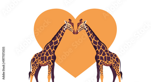 Two graceful giraffes leaning their heads together in front of a large orange heart shape on a clean white background.