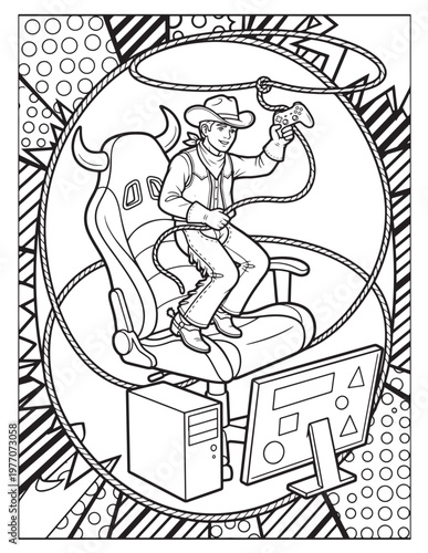 Cowboy sitting on bull office chair holding video game controller with rope