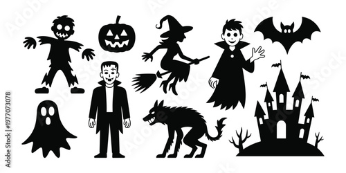 Halloween-themed with diverse characters and animals