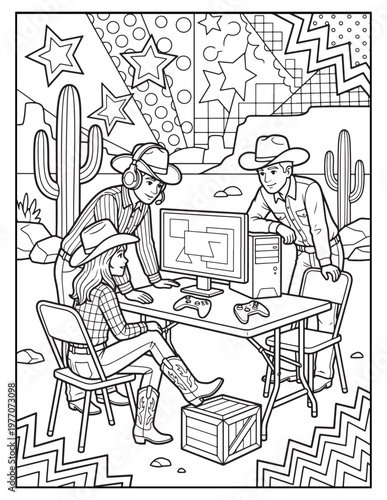 Cowboy gamers playing video games on computer in desert landscape with cacti