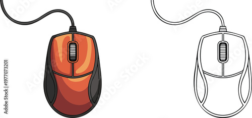 Computer gaming mouse illustration & outline set isolated on transparent background 